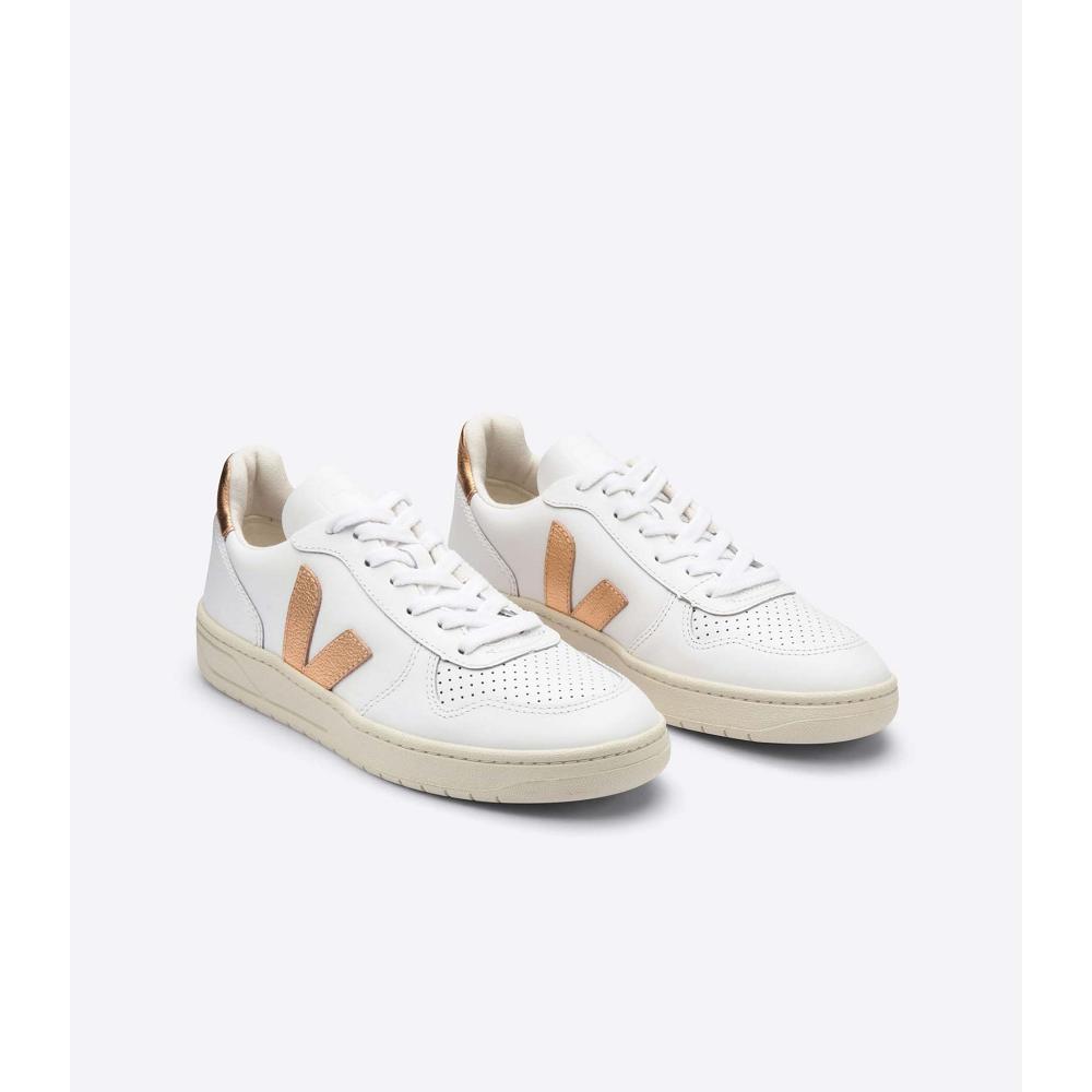 Veja V-10 LEATHER Ženske Tenisiće White/Gold | VEJA568-HR