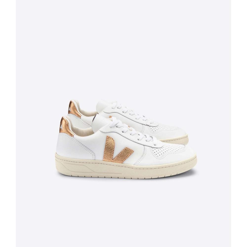 Veja V-10 LEATHER Ženske Tenisiće White/Gold | VEJA568-HR