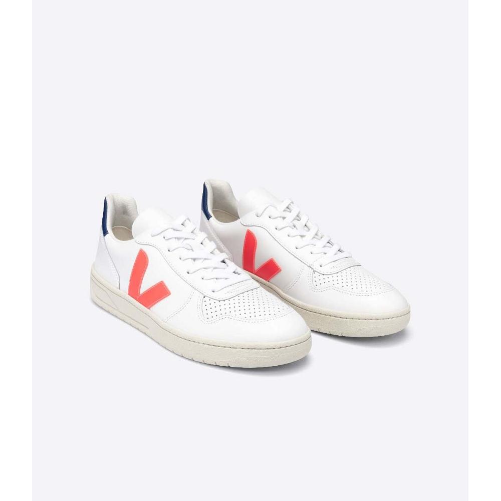 Veja V-10 LEATHER Ženske Tenisiće White/Orange/Blue | VEJA573-HR