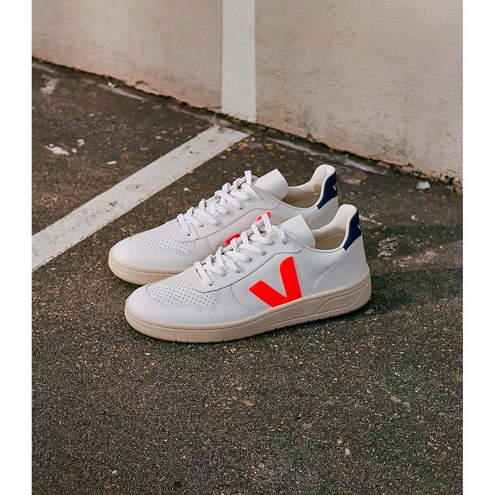 Veja V-10 LEATHER Ženske Tenisiće White/Orange/Blue | VEJA573-HR