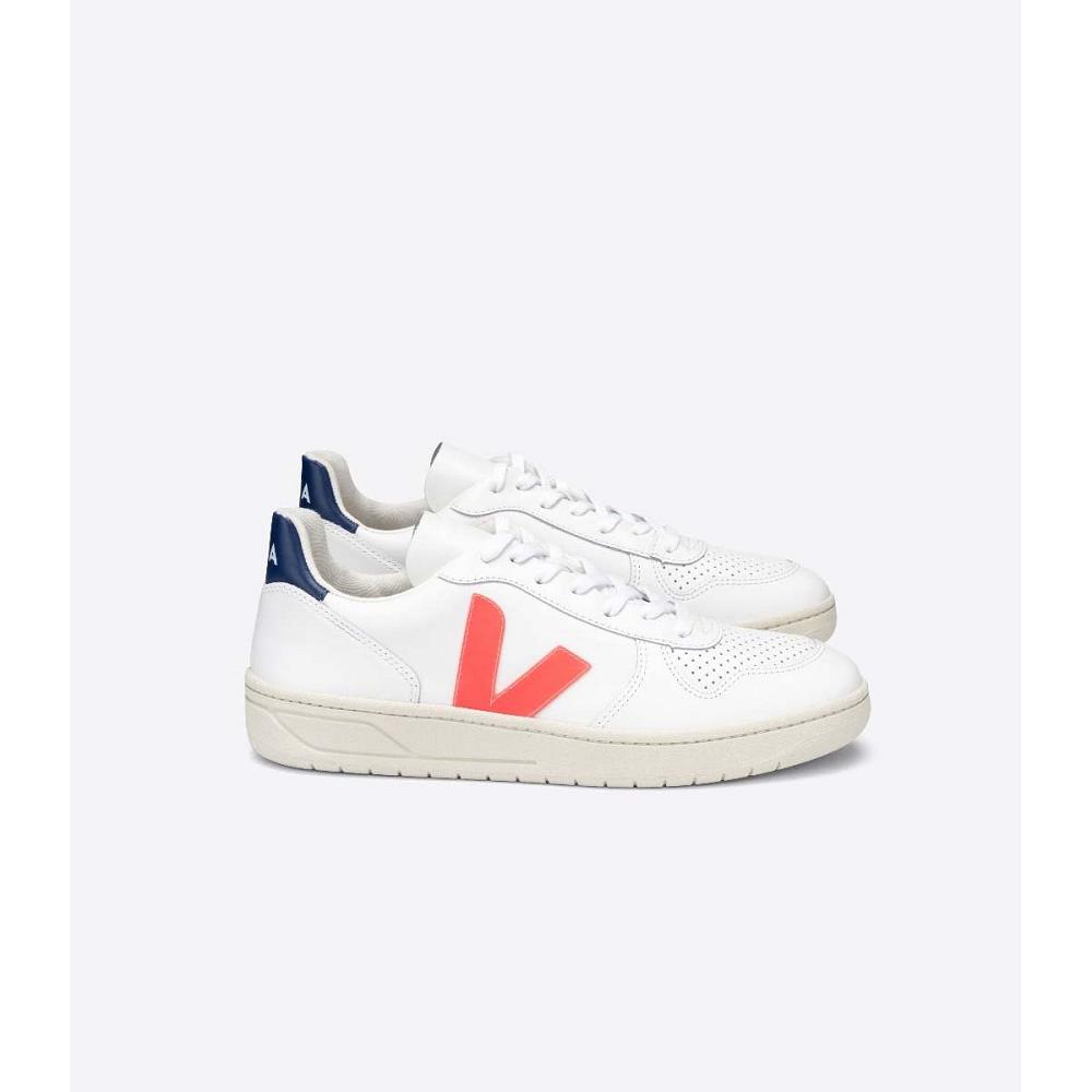 Veja V-10 LEATHER Ženske Tenisiće White/Orange/Blue | VEJA573-HR