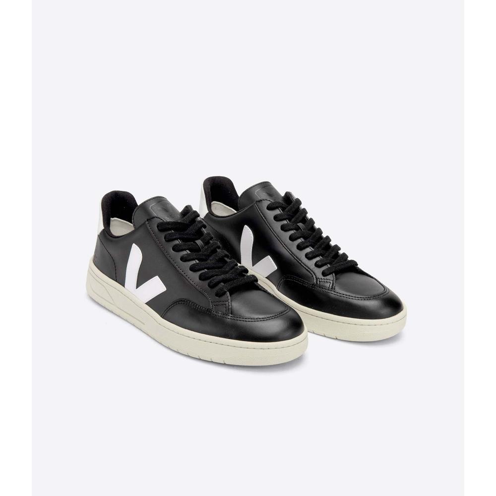 Veja V-12 LEATHER Ženske Tenisiće Black/White | VEJA593-HR