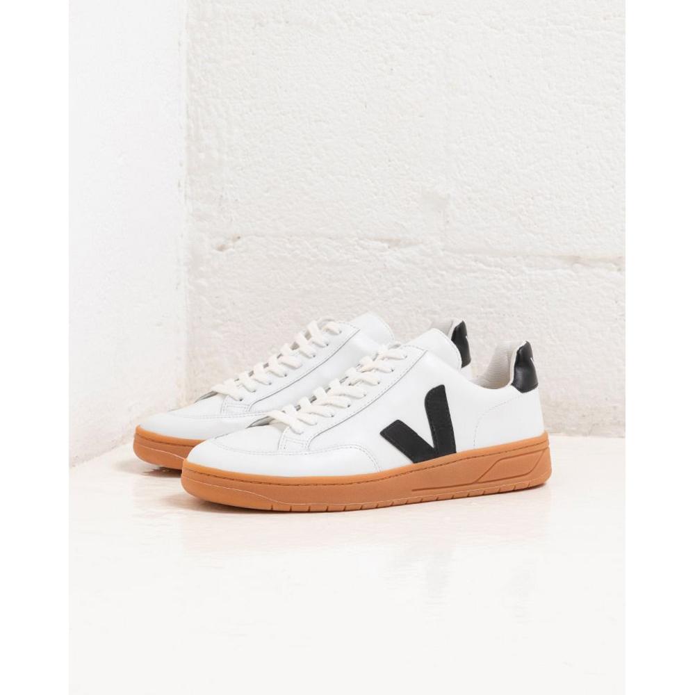 Veja V-12 LEATHER Ženske Tenisiće White/Black/Beige | VEJA597-HR