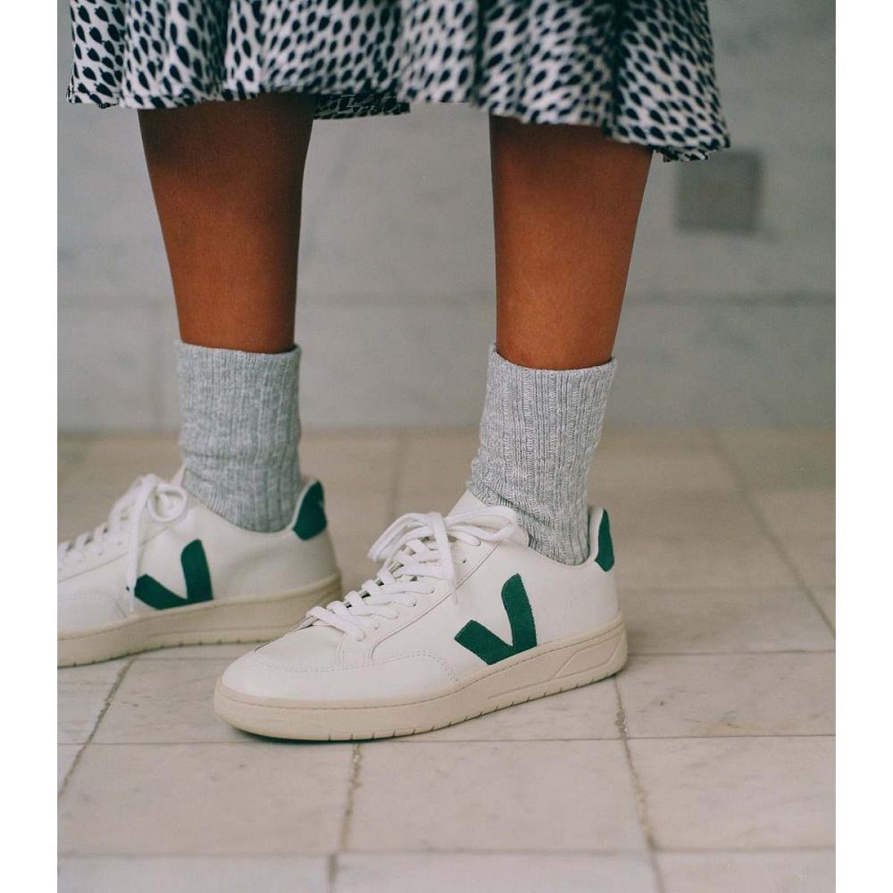 Veja V-12 LEATHER Ženske Tenisiće White/Green | VEJA598-HR